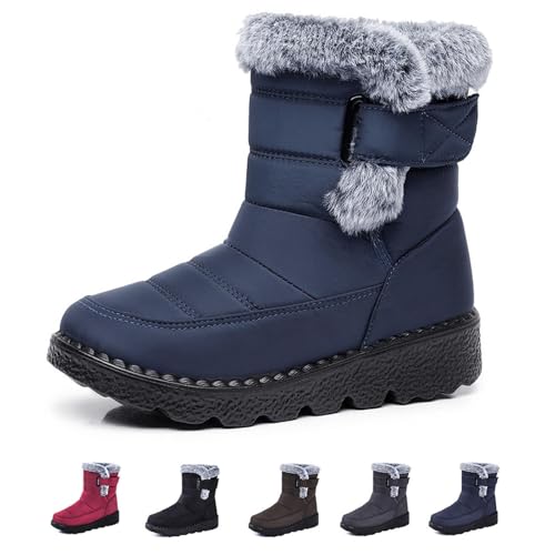 DUOCHSUA Damen Cozy Winter Wasserdicht Anti-Rutsch Orthopädische Stiefel Pelz Gefüttert Stiefeletten Mid Wasserdicht Stiefel Chunky Heel Cushion Ankle Boots, blau, 36.5 EU von DUOCHSUA
