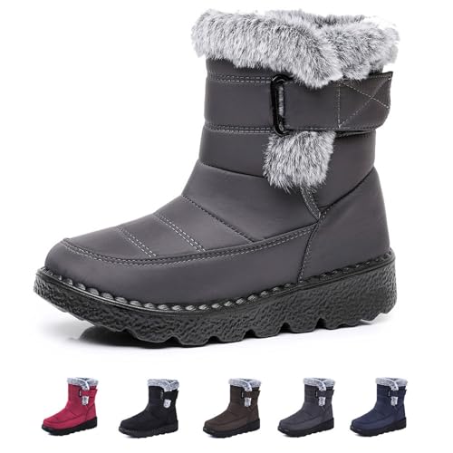 DUOCHSUA Damen Cozy Winter Wasserdicht Anti-Rutsch Orthopädische Stiefel Pelz Gefüttert Stiefeletten Mid Wasserdicht Stiefel Chunky Heel Cushion Ankle Boots, grau, 36.5 EU von DUOCHSUA