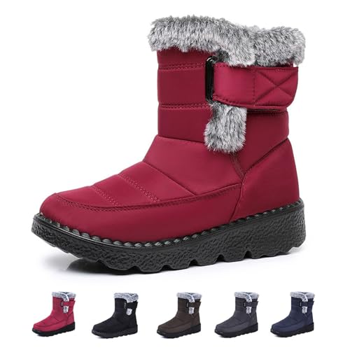 DUOCHSUA Damen Cozy Winter Wasserdicht Anti-Rutsch Orthopädische Stiefel Pelz Gefüttert Stiefeletten Mid Wasserdicht Stiefel Chunky Heel Cushion Ankle Boots, rot, 39.5 EU von DUOCHSUA