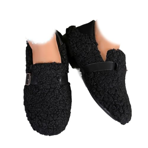 DUOCHSUA Damen Dicke Warme rutschfeste Baumwolle Schuhe Winter Faux Shearling Hausschuhe Hausschuhe mit Schnalle für Indoor Outdoor, Schwarz , 44 EU von DUOCHSUA
