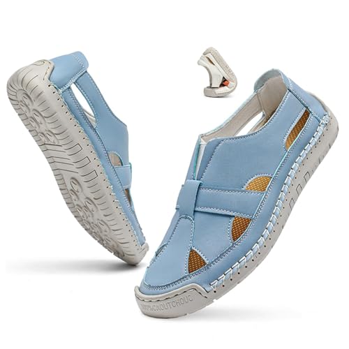 DUOCHSUA Damen Geschlossene Zehen Fischersandalen Leder Sandalen Weite Passform für Frauen rutschfeste Flache Sommer Strandschuhe, Blau (B), 40 EU von DUOCHSUA