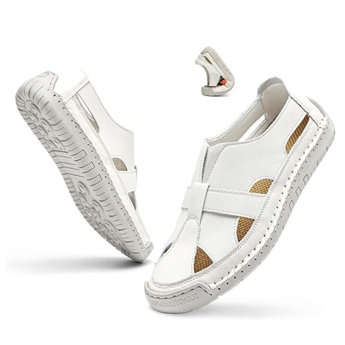 DUOCHSUA Damen Geschlossene Zehen Fischersandalen Leder Sandalen Weite Passform für Frauen rutschfeste Flache Sommer Strandschuhe, Weiß B, 40 EU DUOCHSUA Damen Geschlossene Zehen Fischersandalen Leder Sandalen Weite Passform für Frauen rutschfeste Flache Sommer Strandschuhe, Weiß B, 40 EU von DUOCHSUA