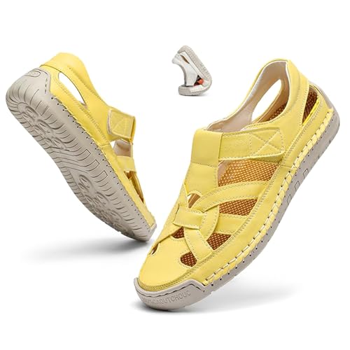 DUOCHSUA Damen Geschlossene Zehen Fischersandalen Leder Sandalen Weite Passform für Frauen rutschfeste Flache Sommer Strandschuhe, gelb, 40 EU DUOCHSUA Damen Geschlossene Zehen Fischersandalen Leder Sandalen Weite Passform für Frauen rutschfeste Flache Sommer Strandschuhe, gelb, 40 EU von DUOCHSUA