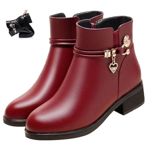 DUOCHSUA Damen Leder Wolle Orthopädische Stiefel Wasserdicht Warme Winter Stiefeletten mit Rutschfester Sohle Runde Zehe Blockabsatz Kurze Booties, Rot, dünn, 40.5 EU von DUOCHSUA