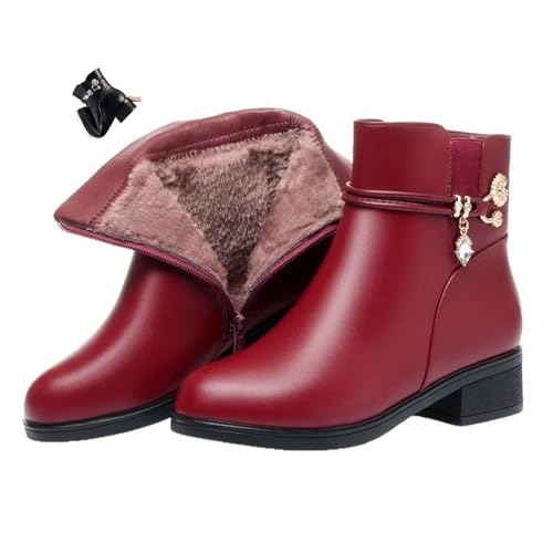 DUOCHSUA Damen Leder Wolle Orthopädische Stiefel Wasserdicht Warme Winter Stiefeletten mit Rutschfester Sohle Runde Zehe Blockabsatz Kurze Booties, Rot verdickt, 38 EU von DUOCHSUA