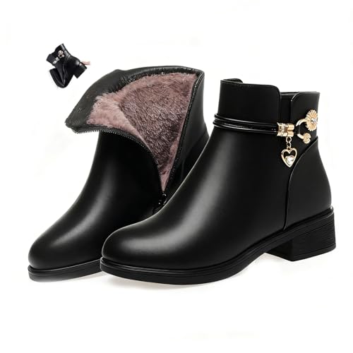 DUOCHSUA Damen Leder Wolle Orthopädische Stiefel Wasserdicht Warme Winter Stiefeletten mit Rutschfester Sohle Runde Zehe Blockabsatz Kurze Booties, Schwarz, verdickt, 39.5 EU von DUOCHSUA