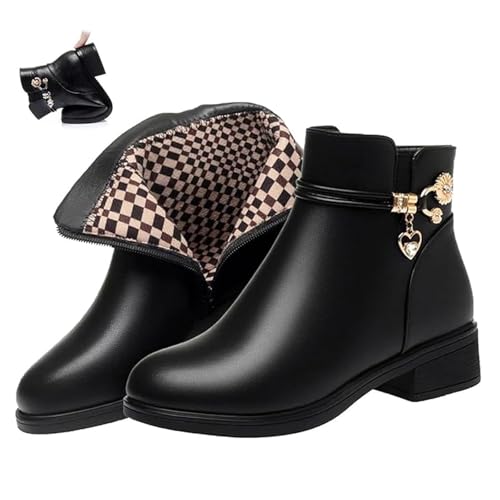 DUOCHSUA Damen Leder Wolle Orthopädische Stiefel Wasserdicht Warme Winter Stiefeletten mit Rutschfester Sohle Runde Zehe Blockabsatz Kurze Booties, schwarz dünn, 40.5 EU von DUOCHSUA
