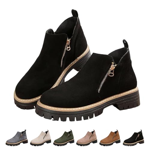 DUOCHSUA Damen Runde Zehen Stiefeletten mit seitlichem Reißverschluss Chunky Heel Wildleder Niedriger Absatz Kurze Stiefel rutschfeste Casual Walking Schuhe, Schwarz , 37.5 EU von DUOCHSUA