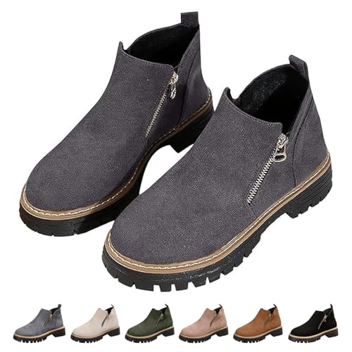 DUOCHSUA Damen Runde Zehen Stiefeletten mit seitlichem Reißverschluss Chunky Heel Wildleder Niedriger Absatz Kurze Stiefel rutschfeste Casual Walking Schuhe, grau, 40.5 EU von DUOCHSUA