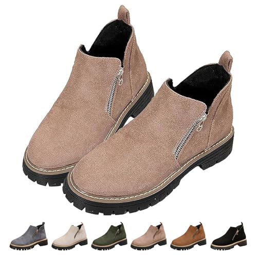 DUOCHSUA Damen Runde Zehen Stiefeletten mit seitlichem Reißverschluss Chunky Heel Wildleder Niedriger Absatz Kurze Stiefel rutschfeste Casual Walking Schuhe, rose, 39 EU von DUOCHSUA