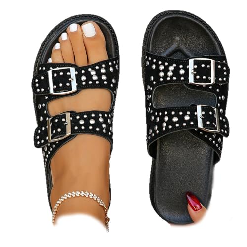 DUOCHSUA Damen Vielseitige Niet Zweireihige Plateau Hausschuhe Wide Fit Schnalle Riemen Sandalen für Frauen Schwarz Sliders Sommer, Schwarz , 40 EU von DUOCHSUA
