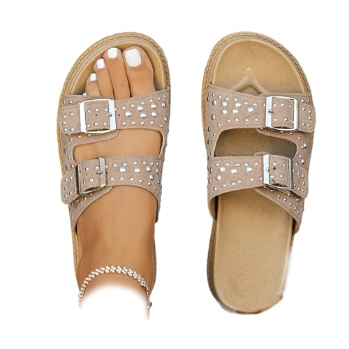 DUOCHSUA Damen Vielseitige Niet Zweireihige Plateau Hausschuhe Wide Fit Schnalle Riemen Sandalen für Frauen Schwarz Sliders Sommer, khaki, 40 EU DUOCHSUA Damen Vielseitige Niet Zweireihige Plateau Hausschuhe Wide Fit Schnalle Riemen Sandalen für Frauen Schwarz Sliders Sommer, khaki, 40 EU von DUOCHSUA