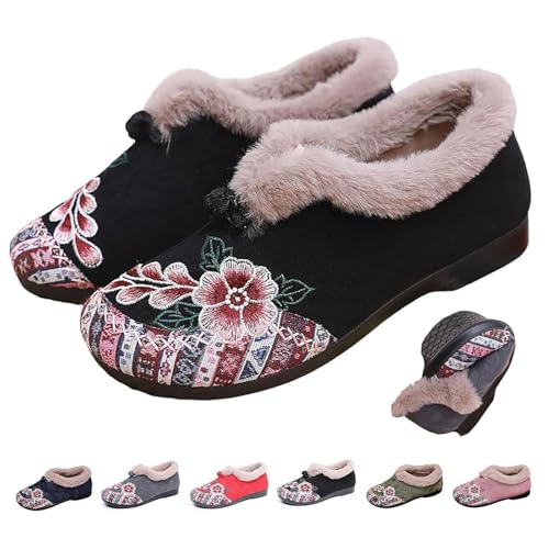 DUOCHSUA Damen Weiche Sohle Rutschfeste Warme Baumwolle Stiefel Blumen Bestickt Slip On Winterstiefel Kunstpelz Weite Passform Schnee Booties, Schwarz , 37 EU von DUOCHSUA