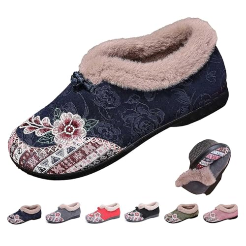 DUOCHSUA Damen Weiche Sohle Rutschfeste Warme Baumwolle Stiefel Blumen Bestickt Slip On Winterstiefel Kunstpelz Weite Passform Schnee Booties, blau, 37 EU von DUOCHSUA