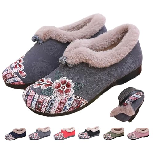DUOCHSUA Damen Weiche Sohle Rutschfeste Warme Baumwolle Stiefel Blumen Bestickt Slip On Winterstiefel Kunstpelz Weite Passform Schnee Booties, grau, 39.5 EU von DUOCHSUA