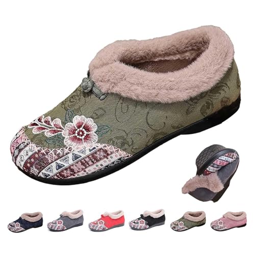 DUOCHSUA Damen Weiche Sohle Rutschfeste Warme Baumwolle Stiefel Blumen Bestickt Slip On Winterstiefel Kunstpelz Weite Passform Schnee Booties, grün, 39.5 EU von DUOCHSUA