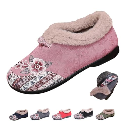 DUOCHSUA Damen Weiche Sohle Rutschfeste Warme Baumwolle Stiefel Blumen Bestickt Slip On Winterstiefel Kunstpelz Weite Passform Schnee Booties, rose, 37.5 EU von DUOCHSUA