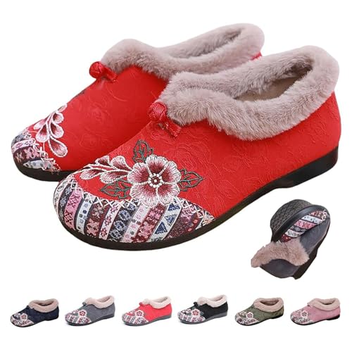 DUOCHSUA Damen Weiche Sohle Rutschfeste Warme Baumwolle Stiefel Blumen Bestickt Slip On Winterstiefel Kunstpelz Weite Passform Schnee Booties, rot, 39 EU von DUOCHSUA
