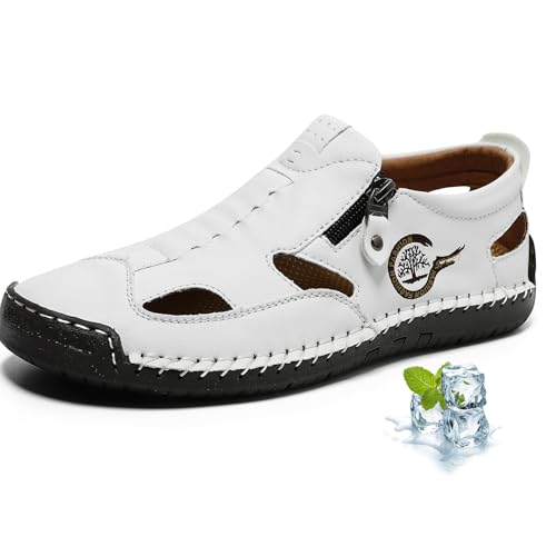DUOCHSUA Herren Leder Geschlossene Zehen Sandalen Atmungsaktiv Slip On Sommerschuhe Weiche Leichte Rutschfeste Strand Sandalen Walking Fahren Schuhe, weiß, 45 EU DUOCHSUA Herren Leder Geschlossene Zehen Sandalen Atmungsaktiv Slip On Sommerschuhe Weiche Leichte Rutschfeste Strand Sandalen Walking Fahren Schuhe, weiß, 45 EU von DUOCHSUA