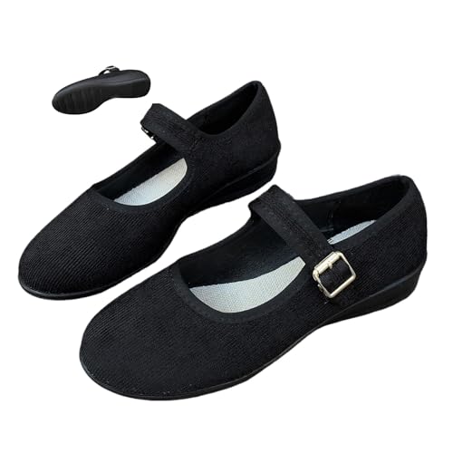 DUOCHSUA Mary Jane Damen Ballerinas Bequeme Wildleder Runde Zehen Slip On Keilschuhe mit Fußgewölbeunterstützung & Schnallenriemen, Schwarz , 40 EU von DUOCHSUA