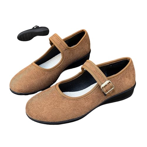 DUOCHSUA Mary Jane Damen Ballerinas Bequeme Wildleder Runde Zehen Slip On Keilschuhe mit Fußgewölbeunterstützung & Schnallenriemen, braun, 40 EU von DUOCHSUA