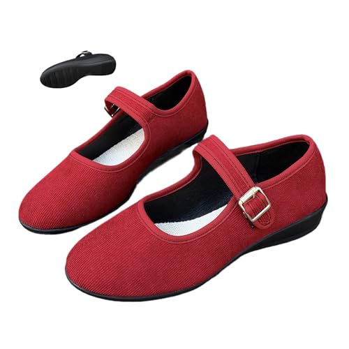DUOCHSUA Mary Jane Damen Ballerinas Bequeme Wildleder Runde Zehen Slip On Keilschuhe mit Fußgewölbeunterstützung & Schnallenriemen, rot, 40 EU von DUOCHSUA