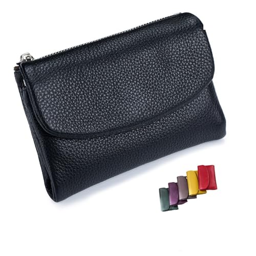 DUOCHSUA Unisex Pebble Leder Geldbörse Kleine Geldbörsen für Frauen RFID Blockierung Echtes Leder Münzgeldbörse mit Kartenfächern Bargeldhalter, Schwarz , 34 cm, Klassisch von DUOCHSUA