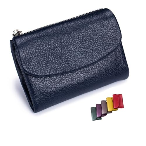 DUOCHSUA Unisex Pebble Leder Geldbörse Kleine Geldbörsen für Frauen RFID Blockierung Echtes Leder Münzgeldbörse mit Kartenfächern Bargeldhalter, dunkelblau, 34 cm, Klassisch von DUOCHSUA