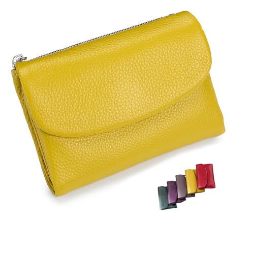 DUOCHSUA Unisex Pebble Leder Geldbörse Kleine Geldbörsen für Frauen RFID Blockierung Echtes Leder Münzgeldbörse mit Kartenfächern Bargeldhalter, gelb, 34 cm, Klassisch von DUOCHSUA