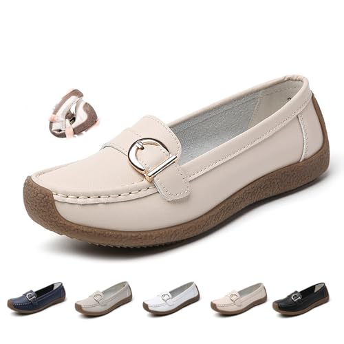 Damen Leder Loafers, Atmungsaktive Orthopädische Slip-On Mokassins für Frauen Bequeme Fußgewölbeunterstützung rutschfeste Freizeitschuhe, beige, 40 EU Damen Leder Loafers, Atmungsaktive Orthopädische Slip-On Mokassins für Frauen Bequeme Fußgewölbeunterstützung rutschfeste Freizeitschuhe, beige, 40 EU von DUOCHSUA
