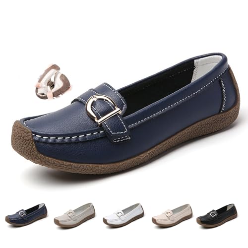 Damen Leder Loafers, Atmungsaktive Orthopädische Slip-On Mokassins für Frauen Bequeme Fußgewölbeunterstützung rutschfeste Freizeitschuhe, blau, 40 EU Damen Leder Loafers, Atmungsaktive Orthopädische Slip-On Mokassins für Frauen Bequeme Fußgewölbeunterstützung rutschfeste Freizeitschuhe, blau, 40 EU von DUOCHSUA