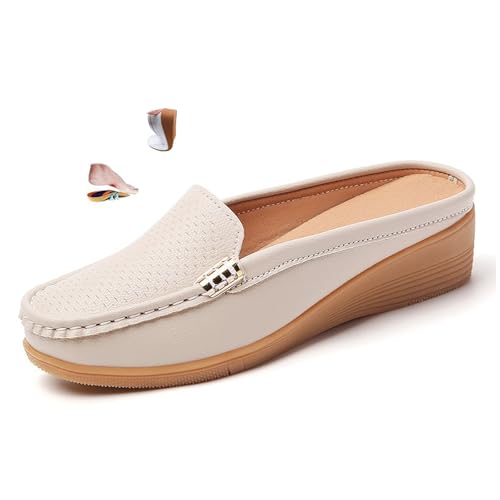Damen Leder Pantoletten Slip-On Schuhe Weite Passform Komfort Geschlossene Zehen Rückenfrei Loafers Atmungsaktive Hollow Out Flache Sandalen, beige, 40 EU Damen Leder Pantoletten Slip-On Schuhe Weite Passform Komfort Geschlossene Zehen Rückenfrei Loafers Atmungsaktive Hollow Out Flache Sandalen, beige, 40 EU von DUOCHSUA
