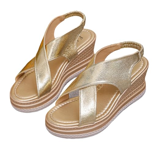 Damen Peep Toe Orthopädische Keilsandalen Gold Plateau Sliders Orthopädische Fußgewölbeunterstützung Weite Passform Sommerschuhe, gold, 40 EU von DUOCHSUA