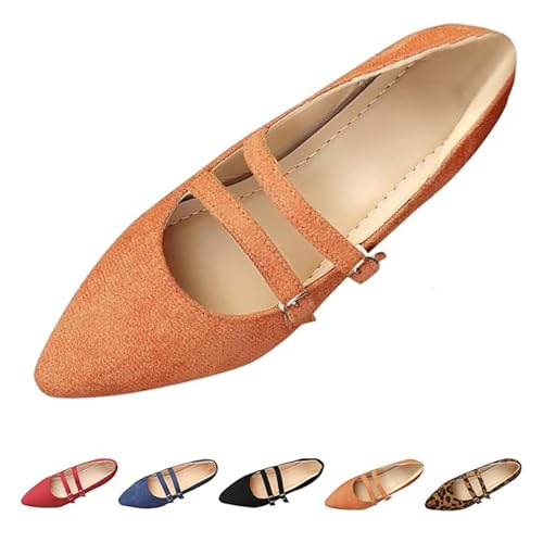 Mary Jane Flats Damen Bequeme Leopard Ballettschuhe Wildleder Slip On Flats mit Verstellbarem Riemen Geschlossene Zehen Elegante Schuhe, Orange, 36.5 EU von DUOCHSUA