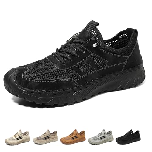 Orthopädische Schuhe für Herren Slip On Wanderschuhe Atmungsaktiv Rutschfest Mesh Turnschuhe Schnell Trocknend Barfußschuhe Elastische Schnürsenkel, Schwarz , Large von DUOCHSUA