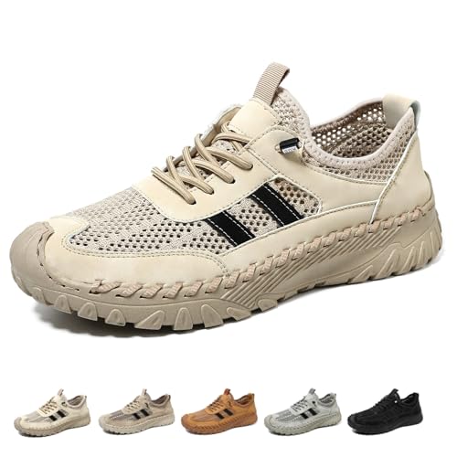 Orthopädische Schuhe für Herren Slip On Wanderschuhe Atmungsaktiv Rutschfest Mesh Turnschuhe Schnell Trocknend Barfußschuhe Elastische Schnürsenkel, beige, Large von DUOCHSUA