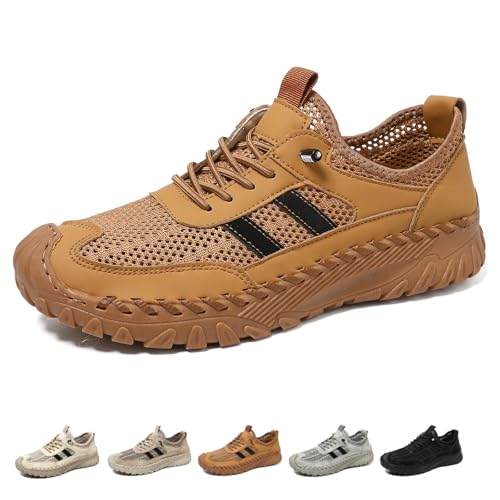 Orthopädische Schuhe für Herren Slip On Wanderschuhe Atmungsaktiv Rutschfest Mesh Turnschuhe Schnell Trocknend Barfußschuhe Elastische Schnürsenkel, braun, Large von DUOCHSUA