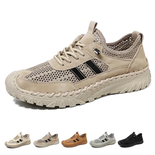 Orthopädische Schuhe für Herren Slip On Wanderschuhe Atmungsaktiv Rutschfest Mesh Turnschuhe Schnell Trocknend Barfußschuhe Elastische Schnürsenkel, khaki, Large von DUOCHSUA