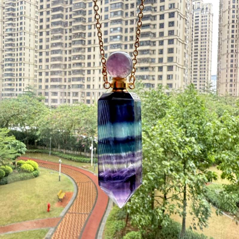 Regenbogen Fluorit Hexagon Prisma Flasche Anhänger Halskette, Natürliche Edelstein Chakra Kristall Quarz Parfüm Halskette Schmuck von DUODUOJEWELRY