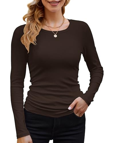 Basic T-Shirt Damen Mit Langen Ärmeln Elegant Rippshirt Pullover Herbst（Braun，XL von DUOEASE