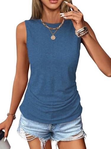 DUOEASE Ärmellose Tshirt Damen 2025 Basic Rundhals Tank Top Sommer Elegant Falten Tops-Dunkelblau-2XL von DUOEASE