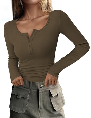 DUOEASE Basic Langarmshirt Damen Henley Tshirt Damen Gerippt Elegant Longsleeve Herbst Top Braun-S von DUOEASE