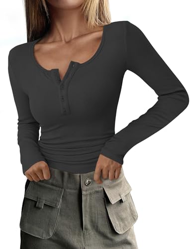 DUOEASE Basic Langarmshirt Damen Henley Tshirt Damen Gerippt Elegant Longsleeve Herbst Top Dunkelgrau-L von DUOEASE