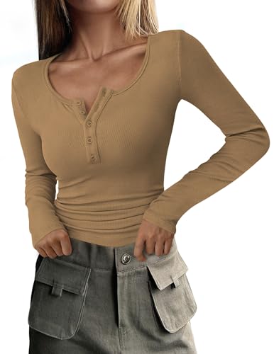 DUOEASE Basic Langarmshirt Damen Henley Tshirt Damen Gerippt Elegant Longsleeve Herbst Top Khaki-M von DUOEASE