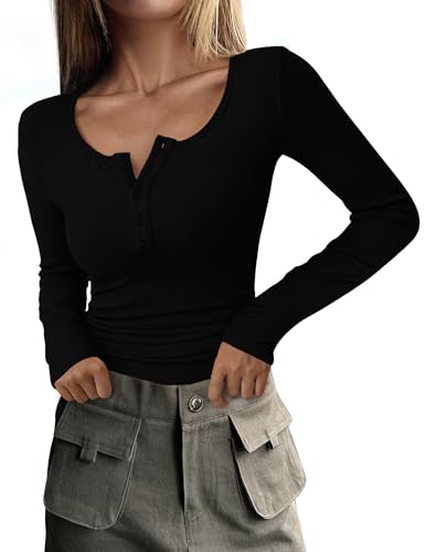 DUOEASE Basic Langarmshirt Damen Henley Tshirt Damen Gerippt Elegant Longsleeve Herbst Top Schwarz-XS von DUOEASE