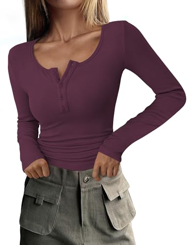 DUOEASE Basic Langarmshirt Damen Henley Tshirt Damen Gerippt Elegant Longsleeve Herbst Top Weinrot-XL von DUOEASE