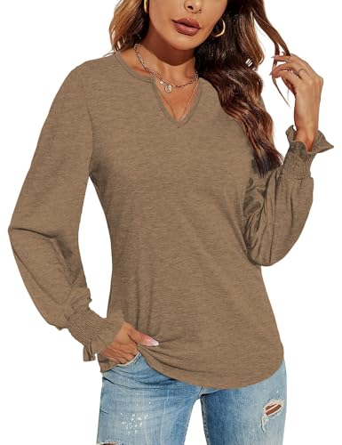 DUOEASE Basic Langarmshirt Damen Locker Tshirt V-Ausschnitt Pullover Damen Elegant Herbst Braun-M von DUOEASE