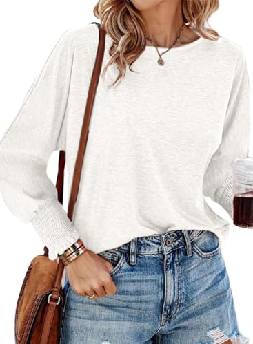 DUOEASE Beige Sweatshirt Damen Elegante Herbst Rundhals Pullover Langarmshirt mit Puffärmel T-Shirt Oberteile Tunika XL von DUOEASE