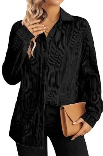 DUOEASE Bluse Damen Langarm Cardigan mit V-Ausschnitt Strukturiertes Oberteile Blusen locker Hemdjacke Shirts Lässiges Hemdbluse Schwarz Groß von DUOEASE