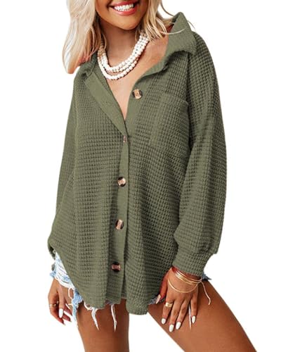 DUOEASE Bluse Damen Langarm Cardigan mit V-Ausschnitt Waffel Oberteile Blusen locker Hemdjacke Shirts Lässiges Hemdbluse (Dunkelgrün 2XL) von DUOEASE